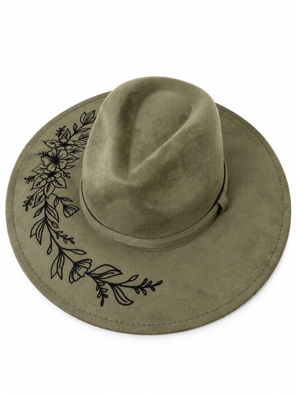 Olive Suede Floral Embroidered Hat